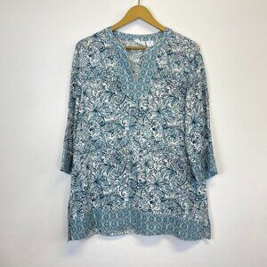 Sigrid Olsen 100% Linen Teal and White Paisley Tunic